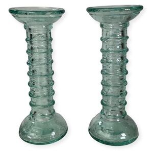 La Mediterranea Recycled Aqua Coloured Glass Candle Stick Holders Pair